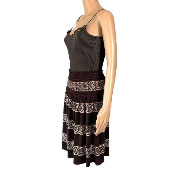 _ BCBG MaxAzria brown & white boho smocked to hips drop waist skirt - Picture 4 of 12